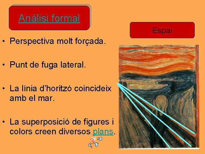 Anàlisi formal Espai • Perspectiva molt forçada. • Punt de fuga lateral. • La Anàlisi formal Espai • Perspectiva molt forçada. • Punt de fuga lateral. • La
