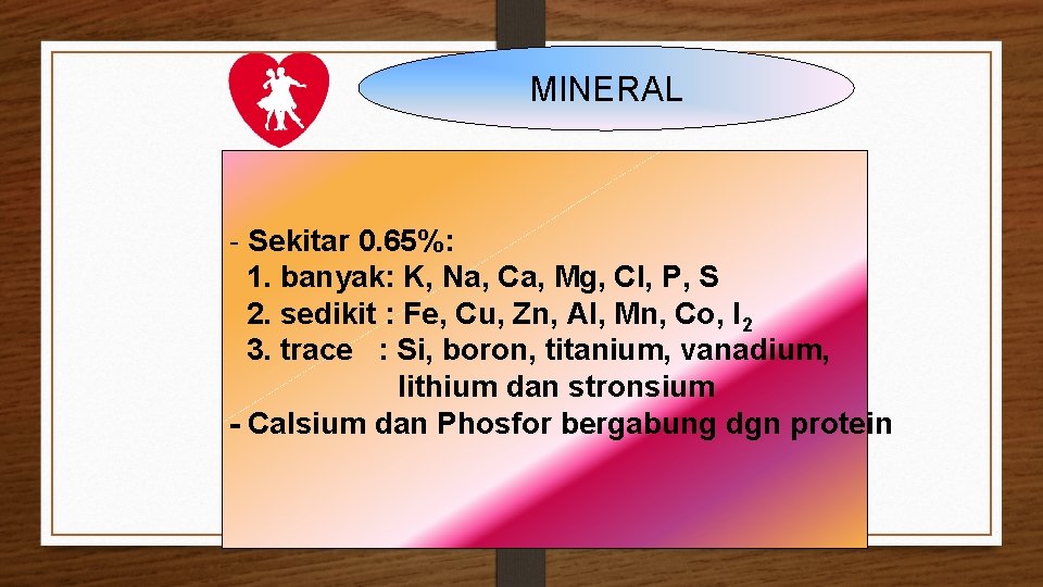 MINERAL - Sekitar 0. 65%: 1. banyak: K, Na, Ca, Mg, Cl, P, S