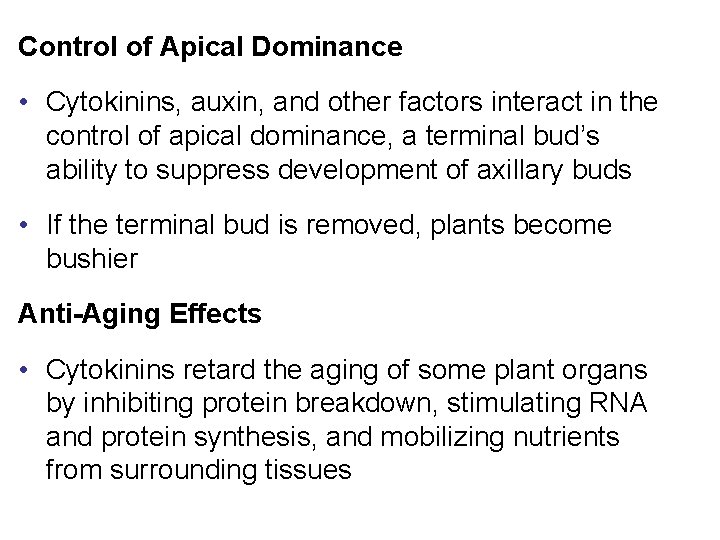 Control of Apical Dominance • Cytokinins, auxin, and other factors interact in the control