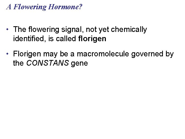 A Flowering Hormone? • The flowering signal, not yet chemically identified, is called florigen