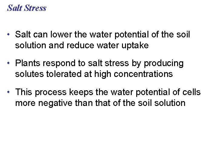 Salt Stress • Salt can lower the water potential of the soil solution and