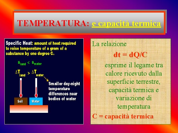 TEMPERATURA: e capacità termica La relazione dt = d. Q/C esprime il legame tra