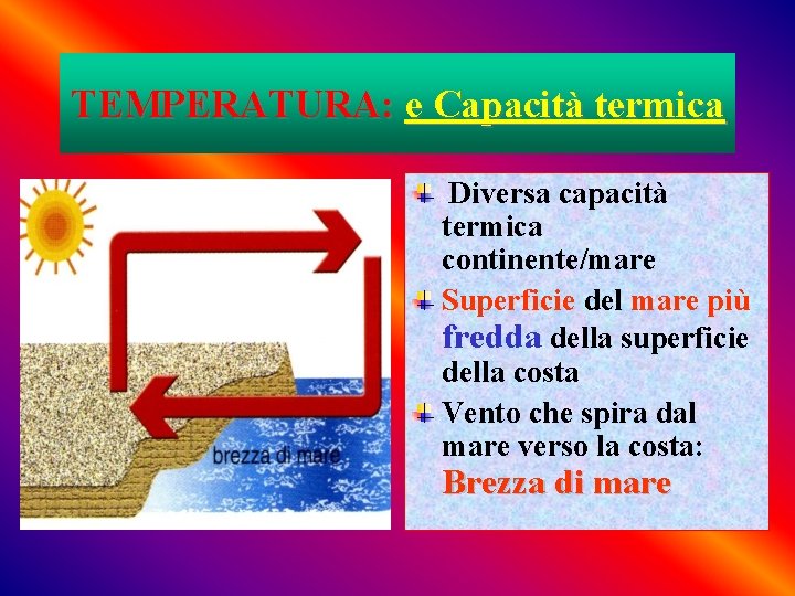 TEMPERATURA: e Capacità termica Diversa capacità termica continente/mare Superficie del mare più fredda della