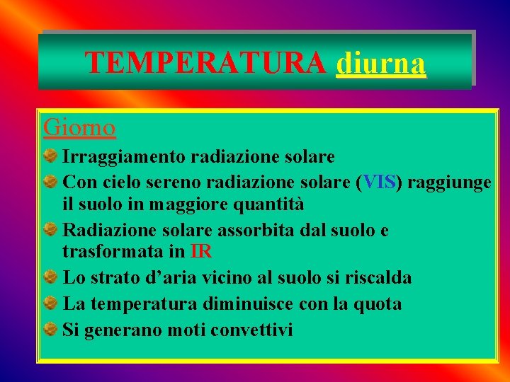 TEMPERATURA diurna Giorno Irraggiamento radiazione solare Con cielo sereno radiazione solare (VIS) raggiunge il