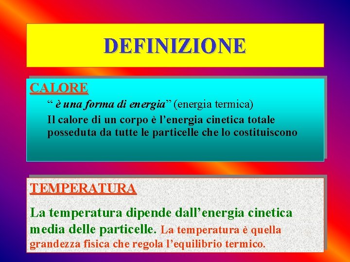 DEFINIZIONE CALORE “ è una forma di energia” (energia termica) Il calore di un