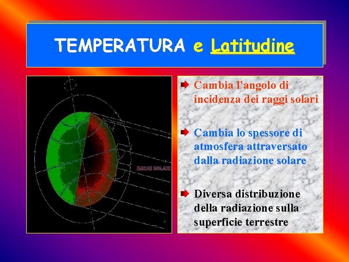 TEMPERATURA e Latitudine Cambia l’angolo di incidenza dei raggi solari Cambia lo spessore di