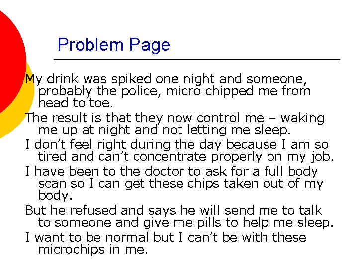 Problem Page My drink was spiked one night and someone, probably the police, micro