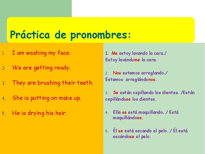 Práctica de pronombres: 1. I am washing my face. 2. We are getting ready.