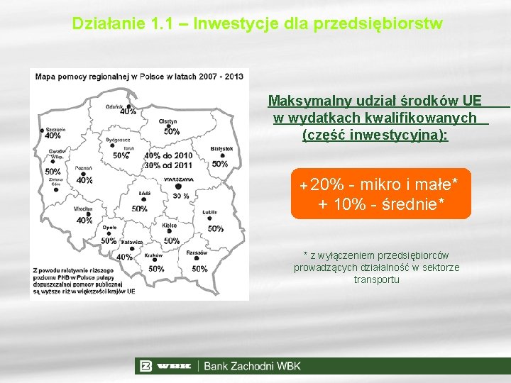 Działanie 1. 1 – Inwestycje dla przedsiębiorstw Maksymalny udział środków UE w wydatkach kwalifikowanych