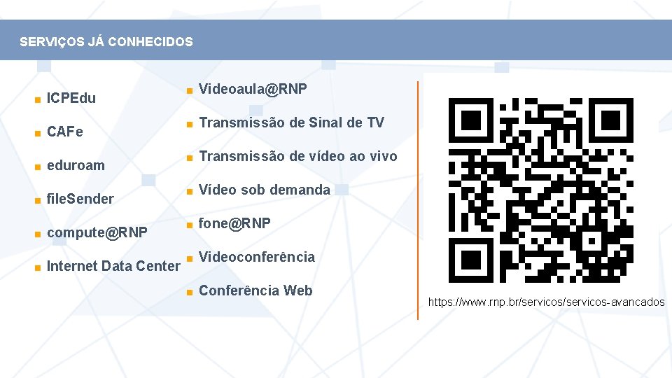 SERVIÇOS JÁ CONHECIDOS ICPEdu CAFe eduroam file. Sender compute@RNP Internet Data Center Videoaula@RNP Transmissão