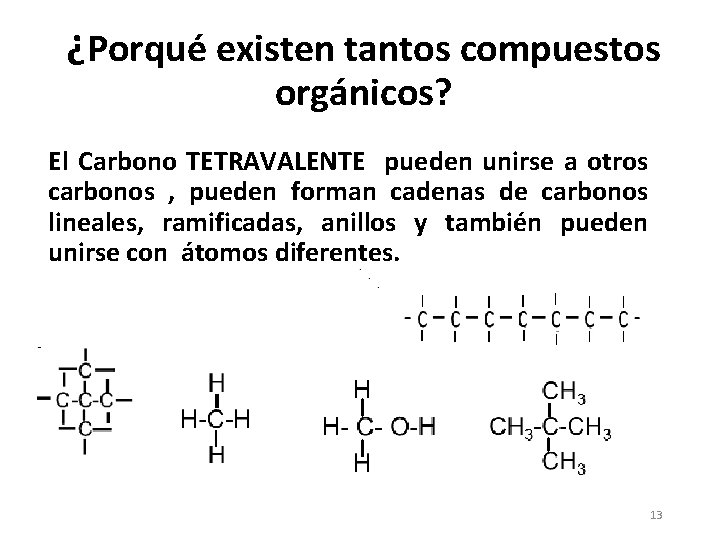 ¿Porqué existen tantos compuestos orgánicos? El Carbono TETRAVALENTE pueden unirse a otros carbonos ,