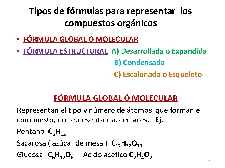 Tipos de fórmulas para representar los compuestos orgánicos • FÓRMULA GLOBAL O MOLECULAR •