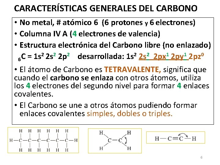 CARACTERÍSTICAS GENERALES DEL CARBONO • No metal, # atómico 6 (6 protones y 6