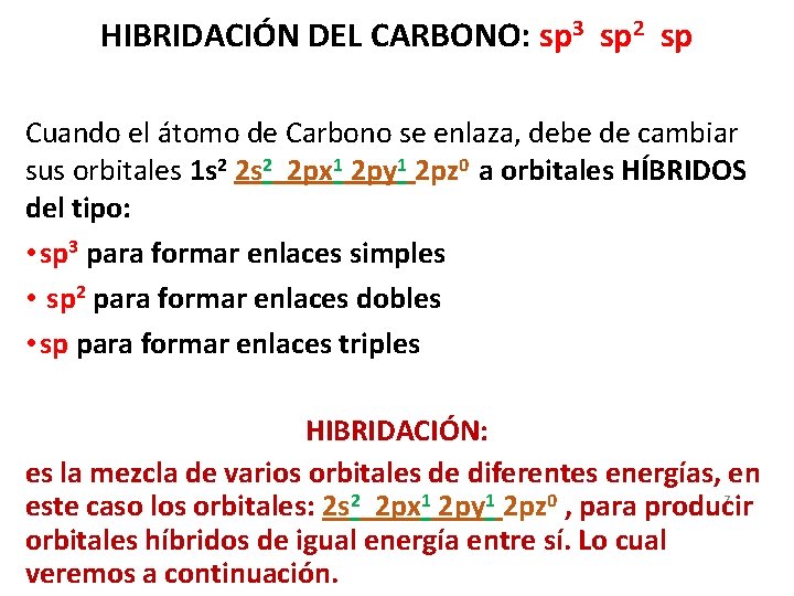HIBRIDACIÓN DEL CARBONO: sp 3 sp 2 sp Cuando el átomo de Carbono se