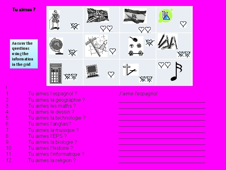 Tu aimes ? Answer the questions using the information in the grid ! 1.