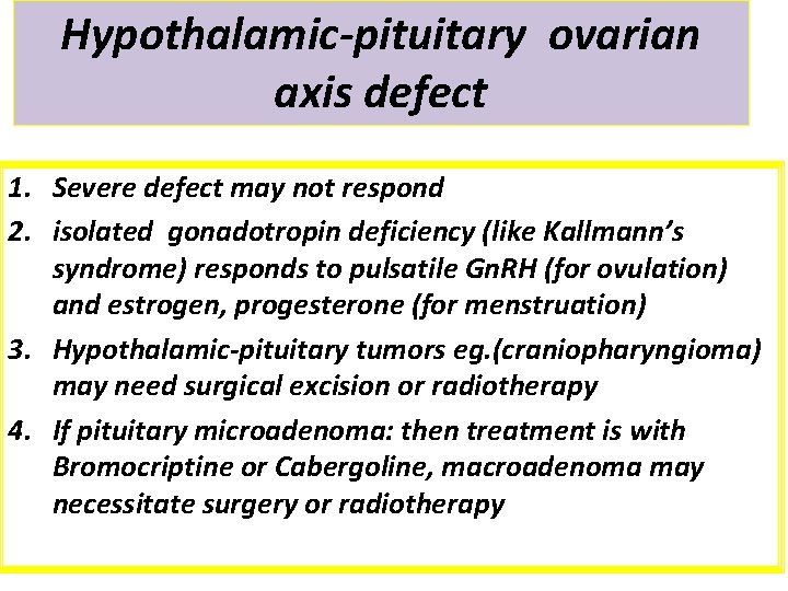Hypothalamic pituitary ovarian axis defect 1. Severe defect may not respond 2. isolated gonadotropin