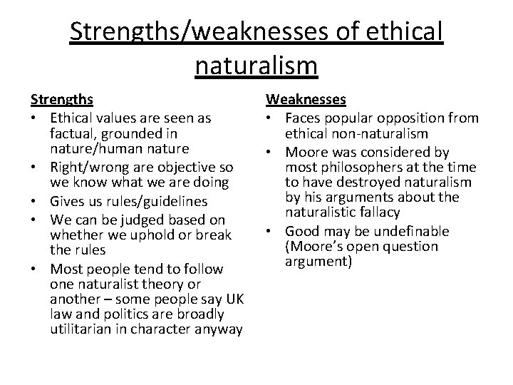 Strengths/weaknesses of ethical naturalism Strengths • Ethical values are seen as factual, grounded in