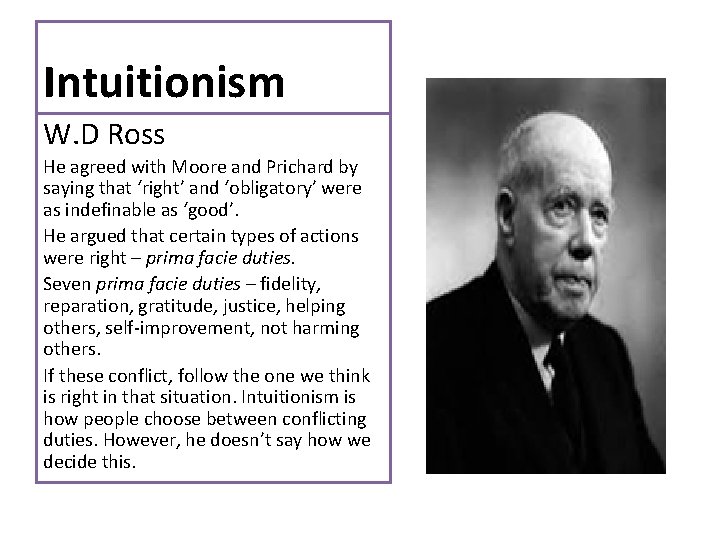 Intuitionism W. D Ross He agreed with Moore and Prichard by saying that ‘right’
