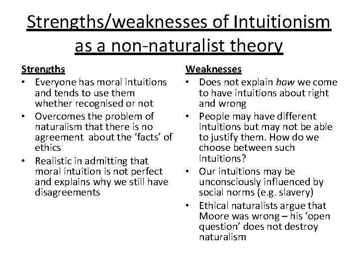 Strengths/weaknesses of Intuitionism as a non-naturalist theory Strengths • Everyone has moral intuitions and