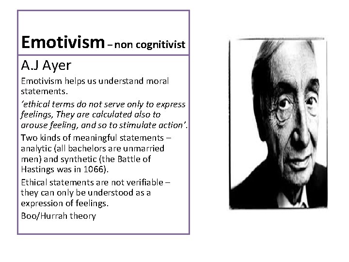Emotivism – non cognitivist A. J Ayer Emotivism helps us understand moral statements. ‘ethical