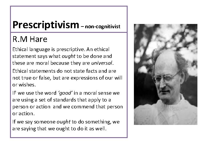 Prescriptivism – non-cognitivist R. M Hare Ethical language is prescriptive. An ethical statement says