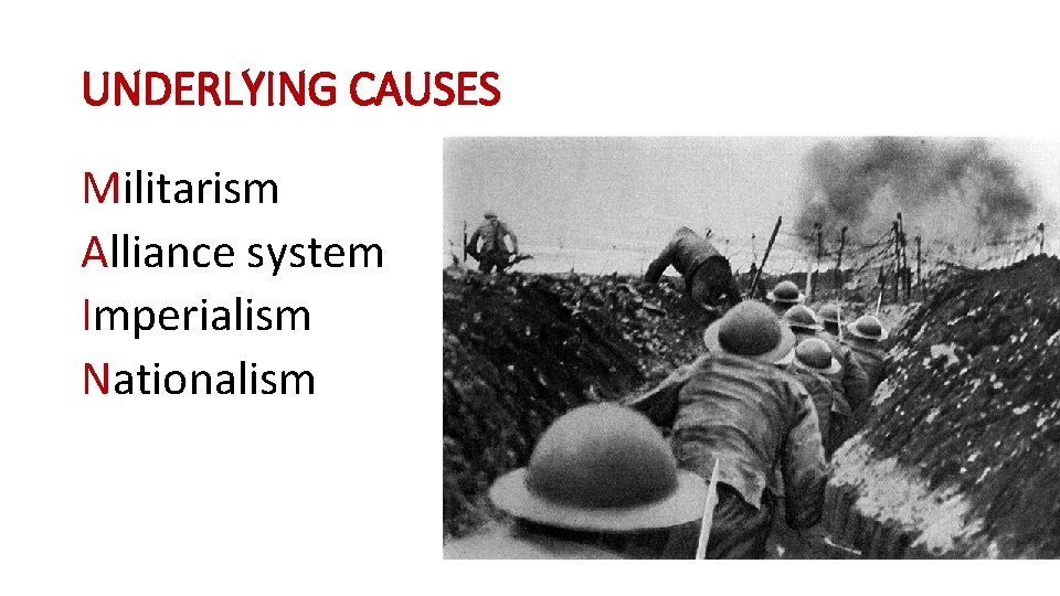UNDERLYING CAUSES Militarism Alliance system Imperialism Nationalism UNDERLYING CAUSES Militarism Alliance system Imperialism Nationalism