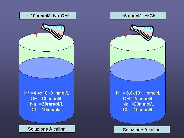 + 10 mmol/L Na+OH- +5 mmol/L H+Cl- H+ =4. 4 x 10 -9 nmol/L