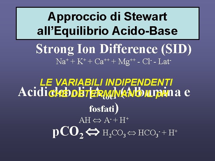 Approccio di Stewart all’Equilibrio Acido-Base Strong Ion Difference (SID) Na+ + K+ + Ca++