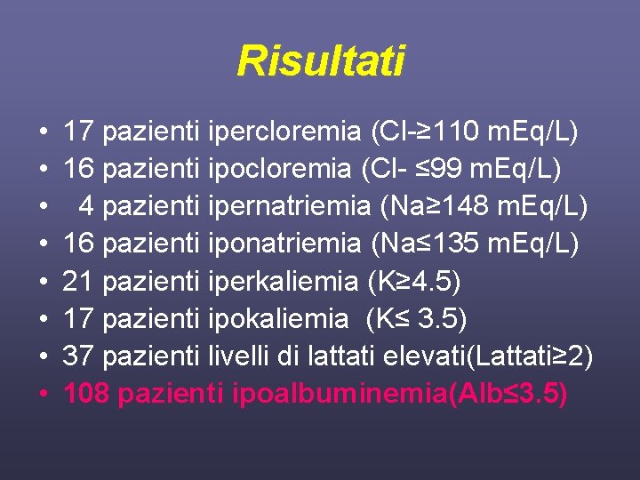 Risultati • • 17 pazienti ipercloremia (Cl-≥ 110 m. Eq/L) 16 pazienti ipocloremia (Cl-