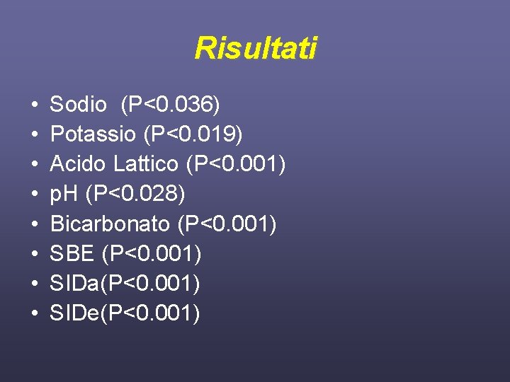 Risultati • • Sodio (P<0. 036) Potassio (P<0. 019) Acido Lattico (P<0. 001) p.