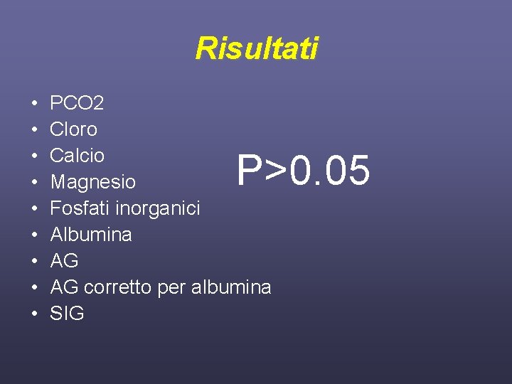 Risultati • • • PCO 2 Cloro Calcio Magnesio Fosfati inorganici Albumina AG AG