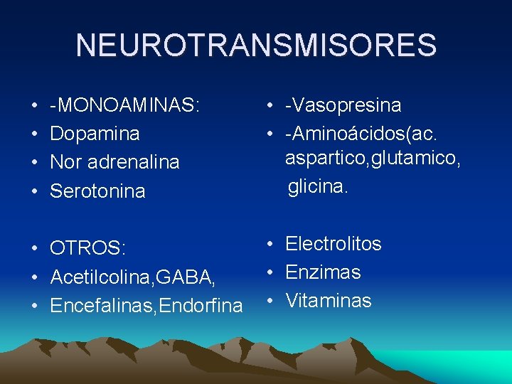 NEUROTRANSMISORES • • -MONOAMINAS: Dopamina Nor adrenalina Serotonina • OTROS: • Acetilcolina, GABA, •