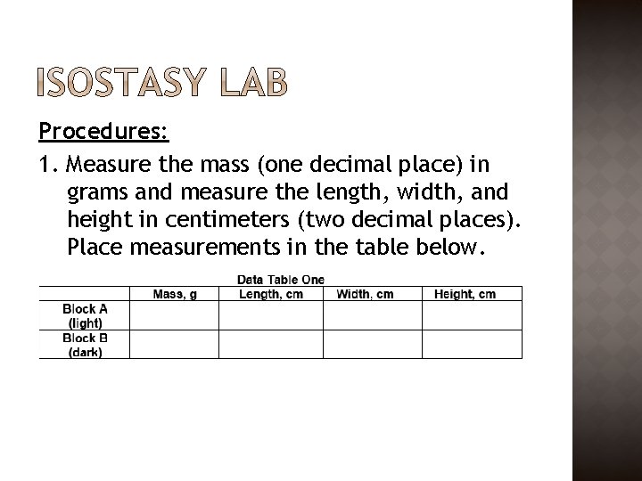 Procedures: 1. Measure the mass (one decimal place) in grams and measure the length,