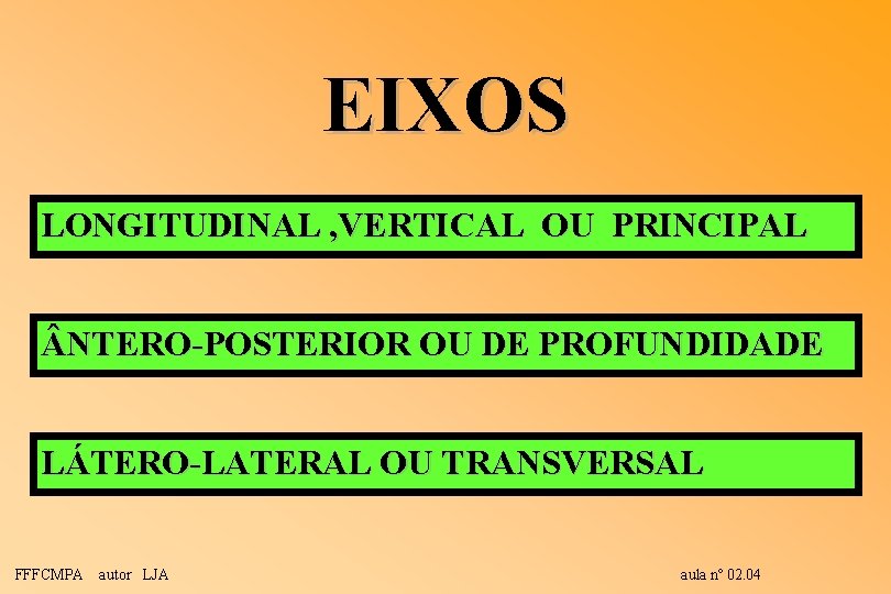 EIXOS LONGITUDINAL , VERTICAL OU PRINCIPAL NTERO-POSTERIOR OU DE PROFUNDIDADE LÁTERO-LATERAL OU TRANSVERSAL FFFCMPA EIXOS LONGITUDINAL , VERTICAL OU PRINCIPAL NTERO-POSTERIOR OU DE PROFUNDIDADE LÁTERO-LATERAL OU TRANSVERSAL FFFCMPA
