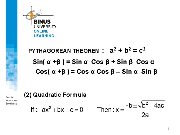 PYTHAGOREAN THEOREM : a 2 + b 2 = c 2 Sin( α +β