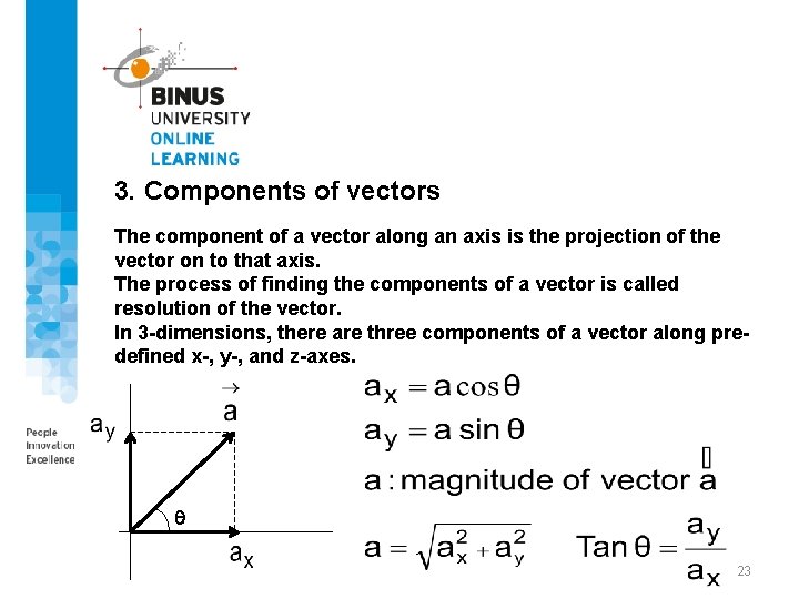 3. Components of vectors The component of a vector along an axis is the