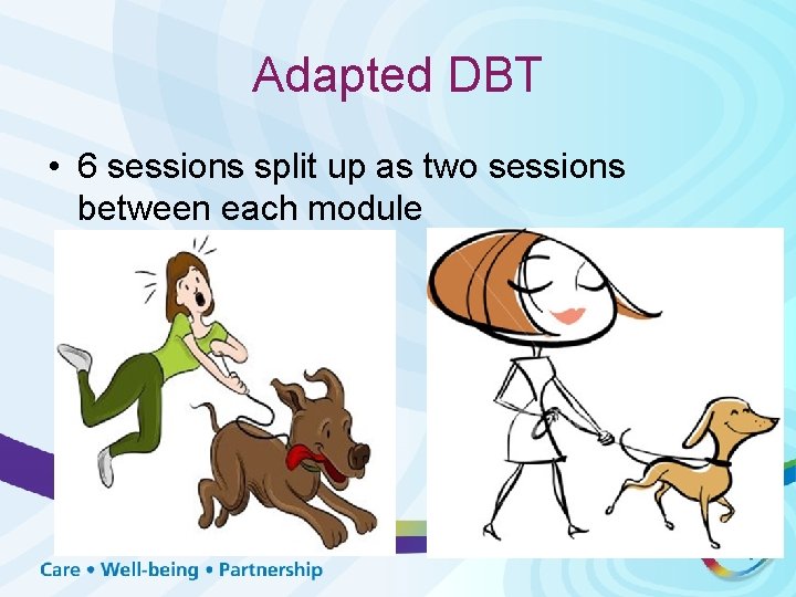 Adapted DBT • 6 sessions split up as two sessions between each module 
