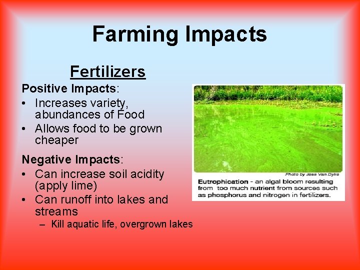 Farming Impacts Fertilizers Positive Impacts: • Increases variety, abundances of Food • Allows food
