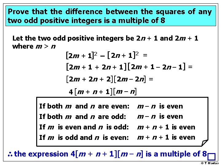 Prove that the difference between the squares of any two odd positive integers is