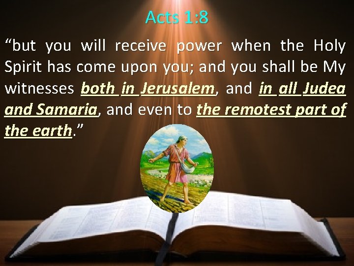 Acts 1: 8 “but you will receive power when the Holy Spirit has come Acts 1: 8 “but you will receive power when the Holy Spirit has come