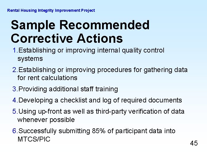 Rental Housing Integrity Improvement Project Sample Recommended Corrective Actions 1. Establishing or improving internal Rental Housing Integrity Improvement Project Sample Recommended Corrective Actions 1. Establishing or improving internal