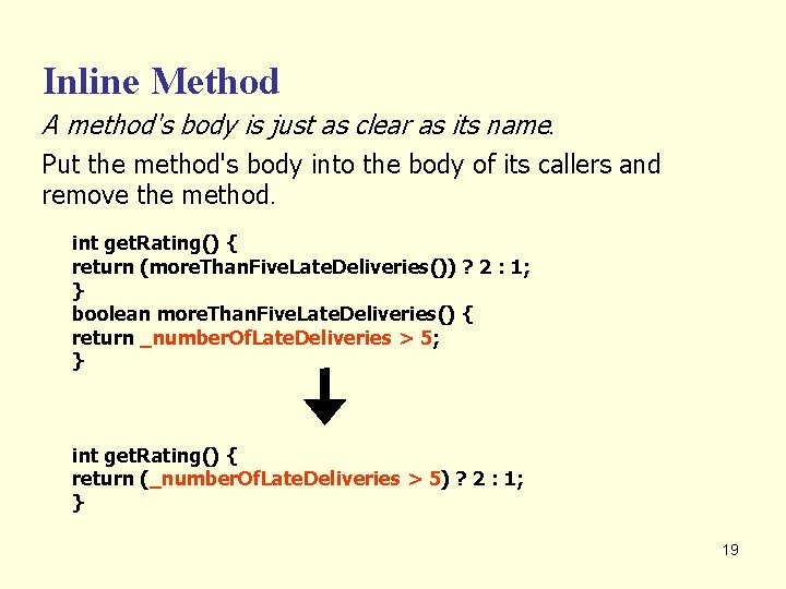 Inline Method A method's body is just as clear as its name. Put the