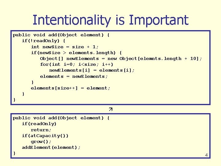 Intentionality is Important public void add(Object element) { if(!read. Only) { int new. Size