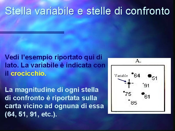 Stella variabile e stelle di confronto Vedi l’esempio riportato qui di lato. La variabile