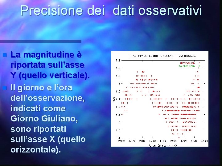 Precisione dei dati osservativi n n La magnitudine è riportata sull’asse Y (quello verticale).
