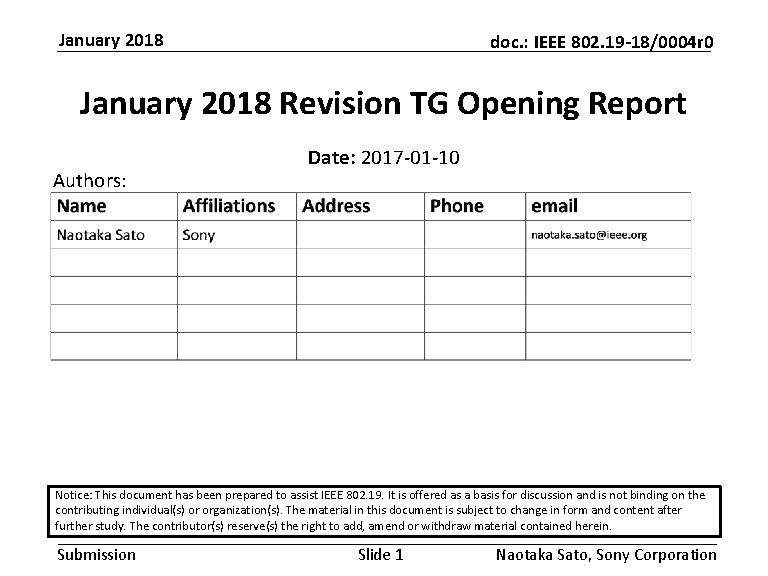 January 2018 doc. : IEEE 802. 19 -18/0004 r 0 January 2018 Revision TG