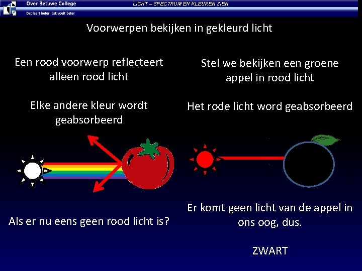 LICHT – SPECTRUM EN KLEUREN ZIEN Voorwerpen bekijken in gekleurd licht Een rood voorwerp