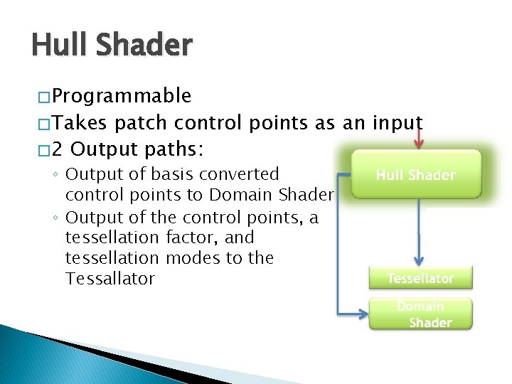 Hull Shader � Programmable � Takes patch control points as an input � 2