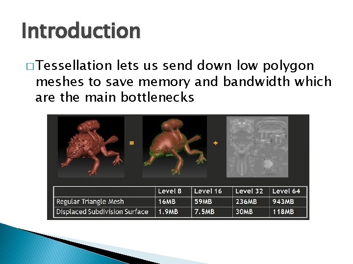 Introduction � Tessellation lets us send down low polygon meshes to save memory and