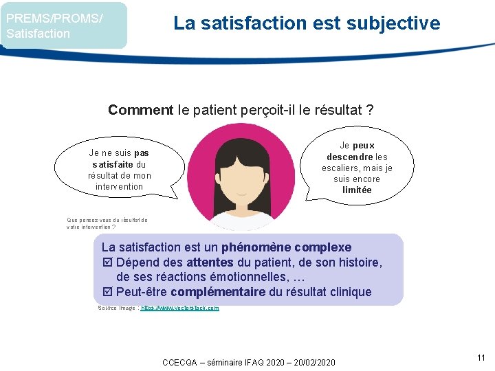 PREMS/PROMS/ Satisfaction La satisfaction est subjective Comment le patient perçoit-il le résultat ? Je